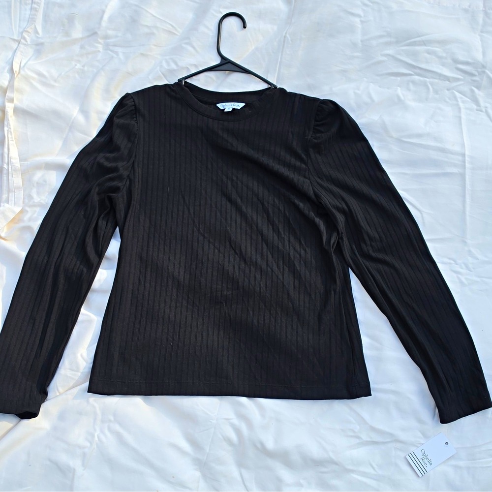 Ophelia Roe Black Ribbed Knit Crew Neck Long Puff Sleeve Pullover Top XL #244